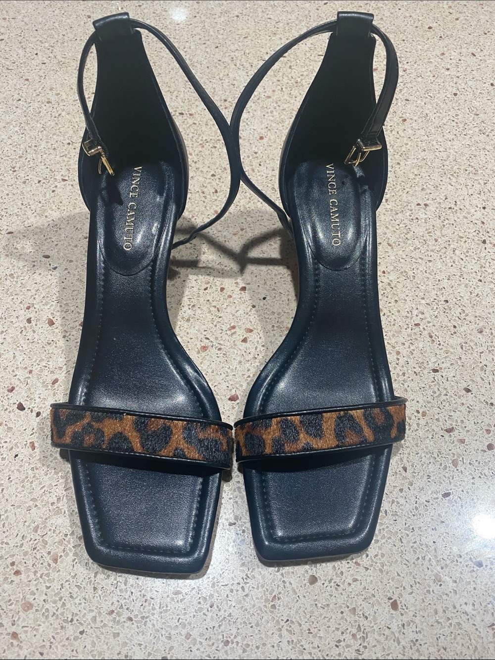 Vince Camuto Black Ankle-Strap Sandal with Leopard Front Band